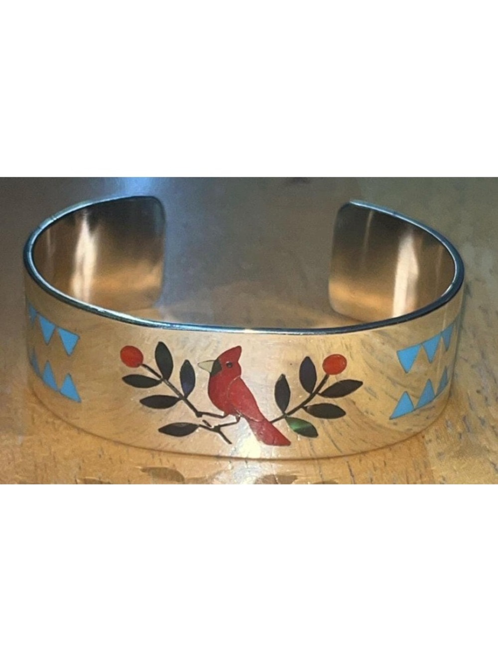 Zuni inlay turquoise coral cardinal bird bracelet/cuff sterling silver beautiful